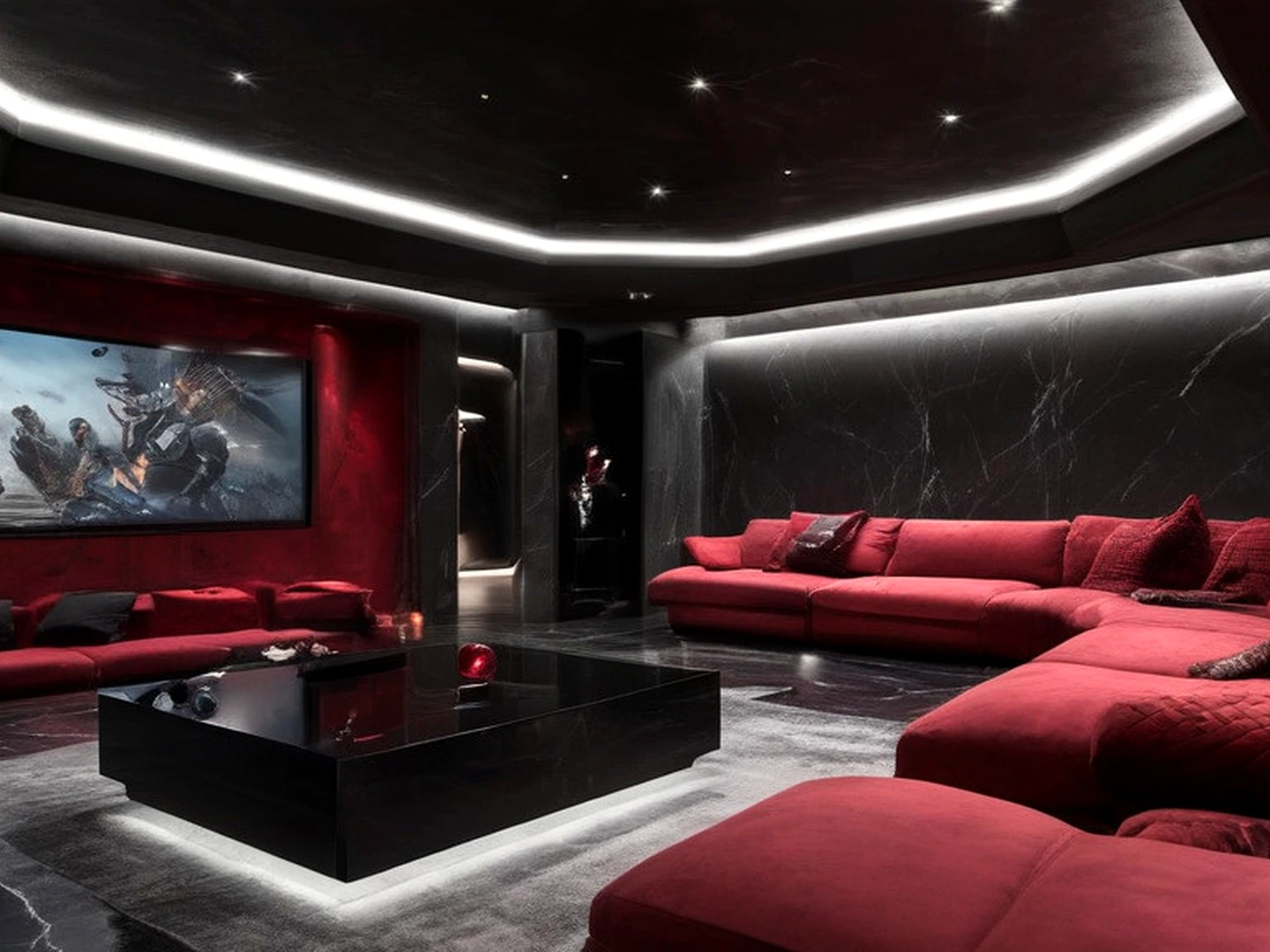 Private cinema interior suite with dark stone, red seating, controlled lighting, and luxury material detailing