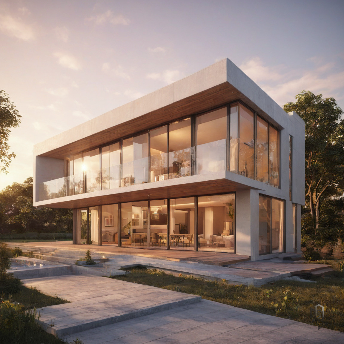 Modern minimalist house with floor-to-ceiling windows, sunset view, photorealistic 8k, architectural style: modern contemporary, lighting: golden hour sunlight, composition: professional wide-angle architectural photography, output framing: 16:9, highly detailed textures, realistic materials